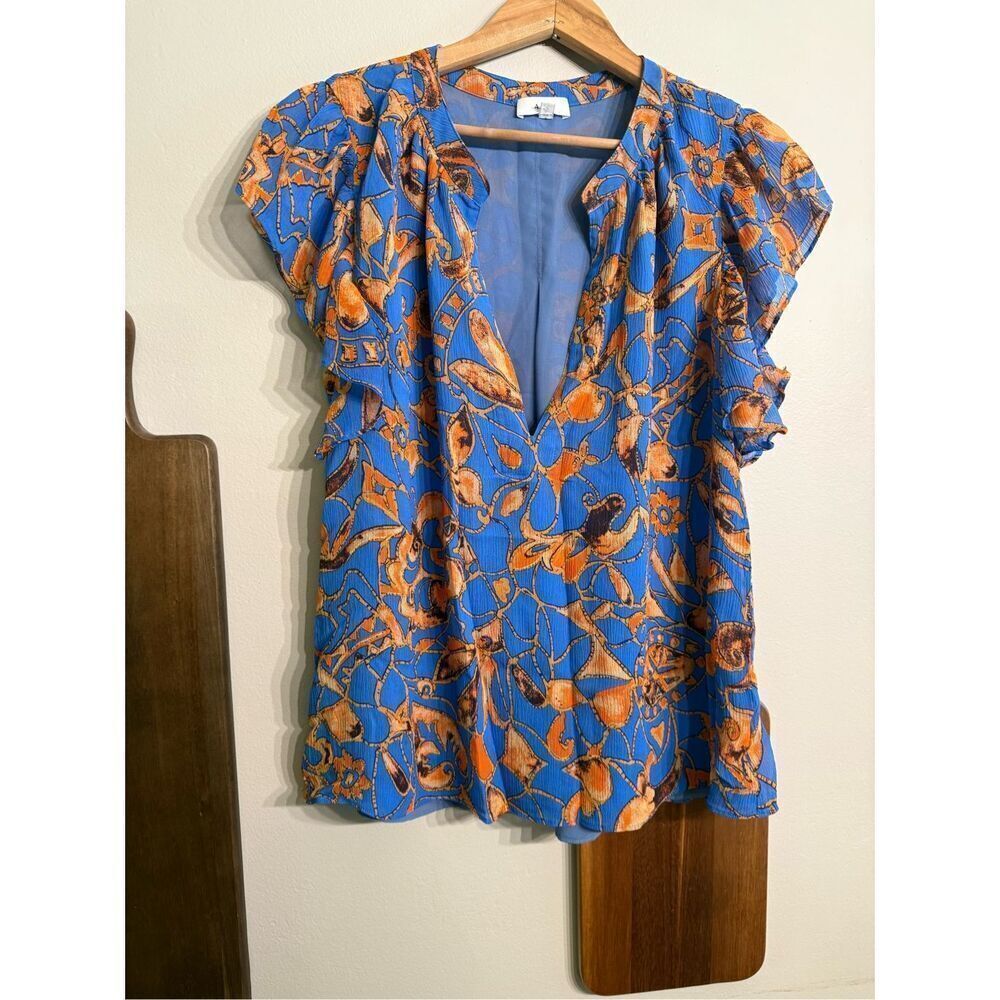 A.L.C. Blue Orange Abstract Floral Chiffon Flutter Sleeve Silk June Blouse Sz 4